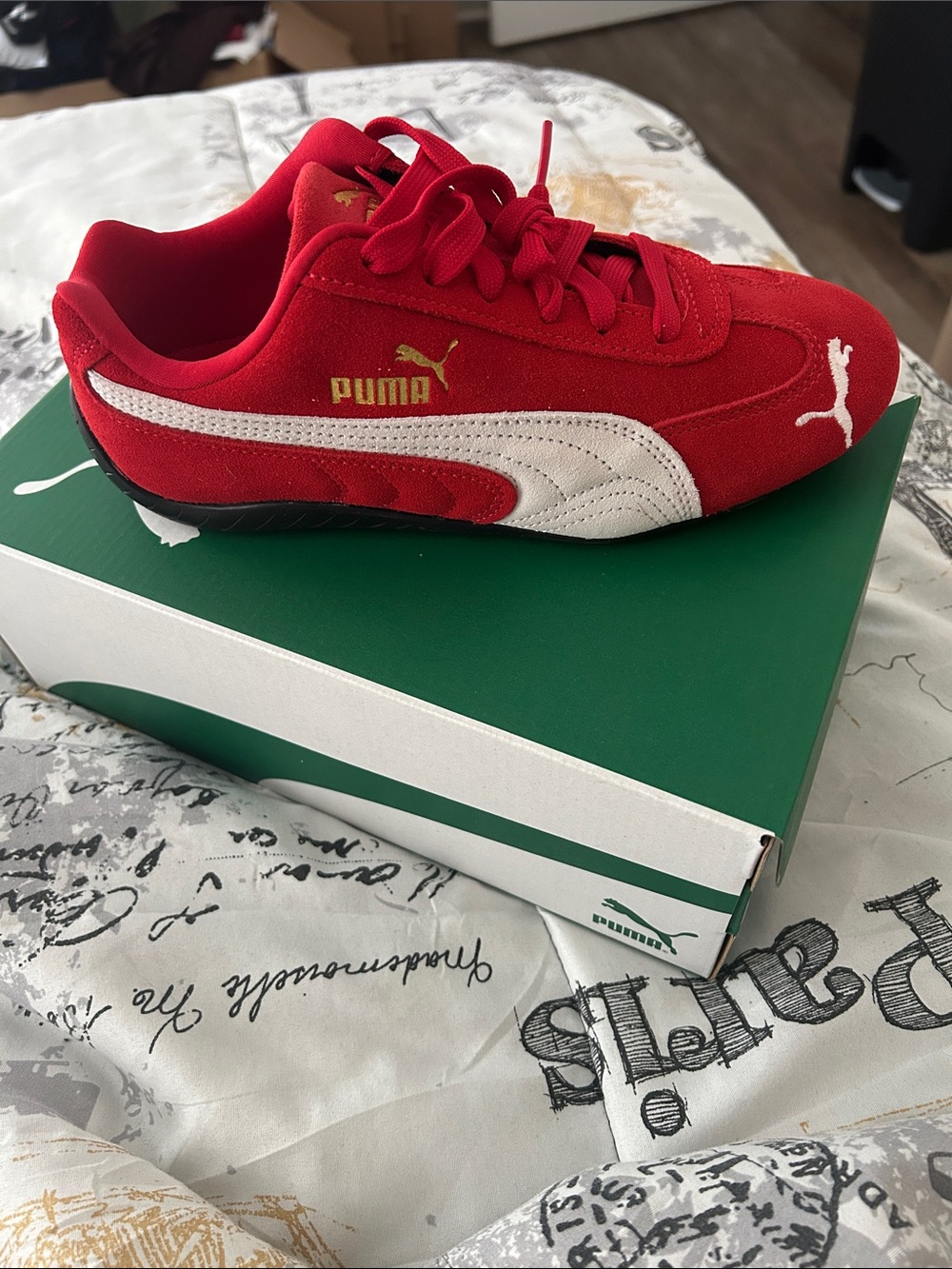 Puma Kids Red Suede Sneaker with White Formstrip and Gold Logo